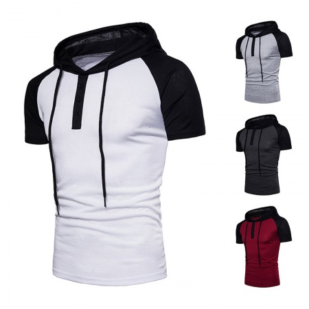New Plus Size Placket Color Matching Short-Sleeved Hooded T-Shirt